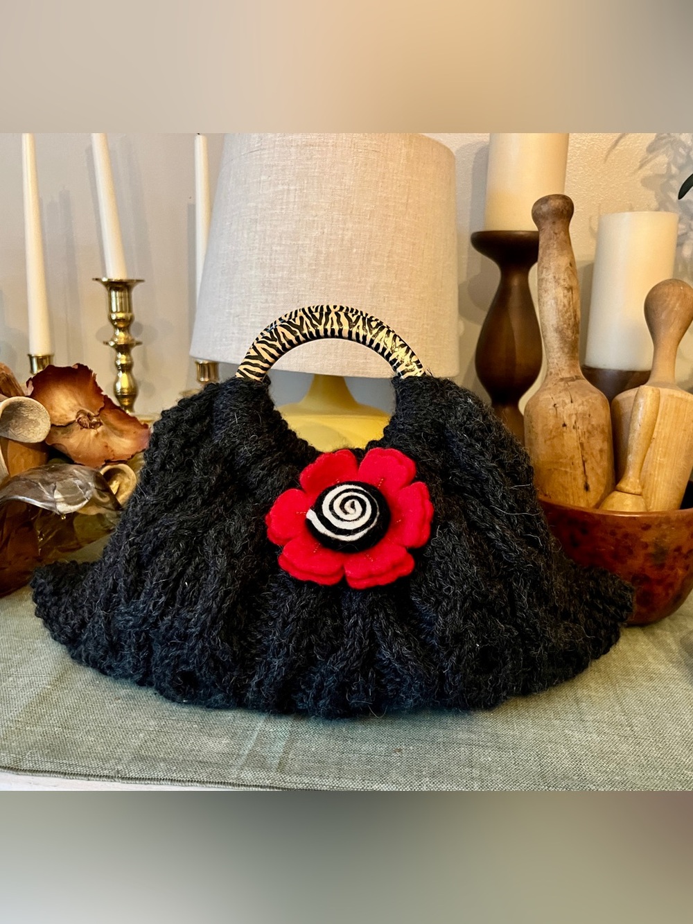 Vintage Handcrafted Black Knit Tote with Red Flower Accent